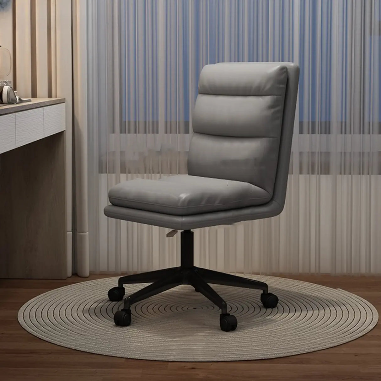 Off-White Swivel PU Adjustable Office Chair with Rollers Image - 10