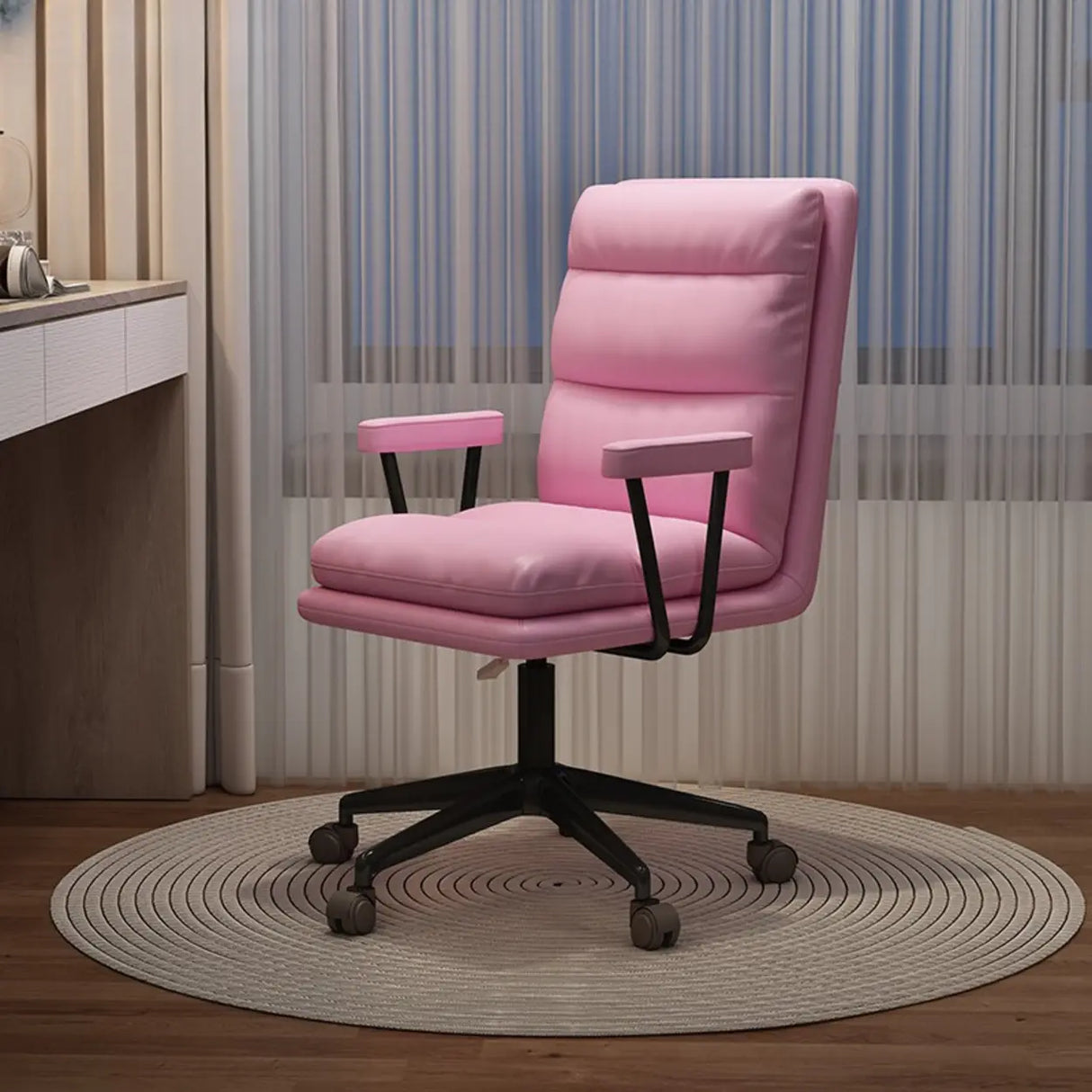 Off-White Swivel PU Adjustable Office Chair with Rollers Image - 11