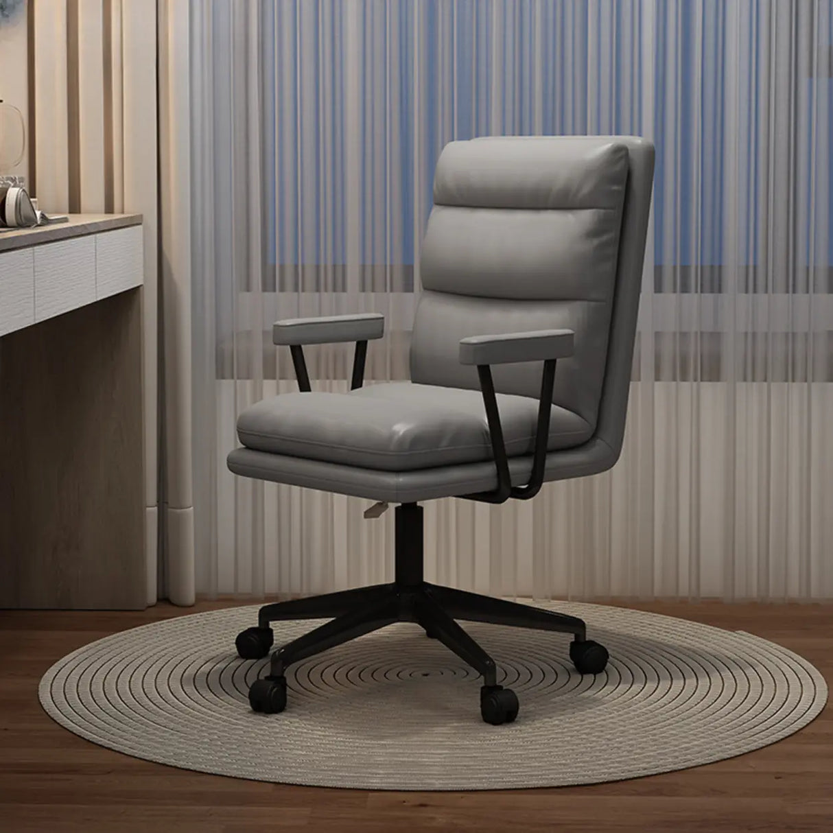 Off-White Swivel PU Adjustable Office Chair with Rollers Image - 12