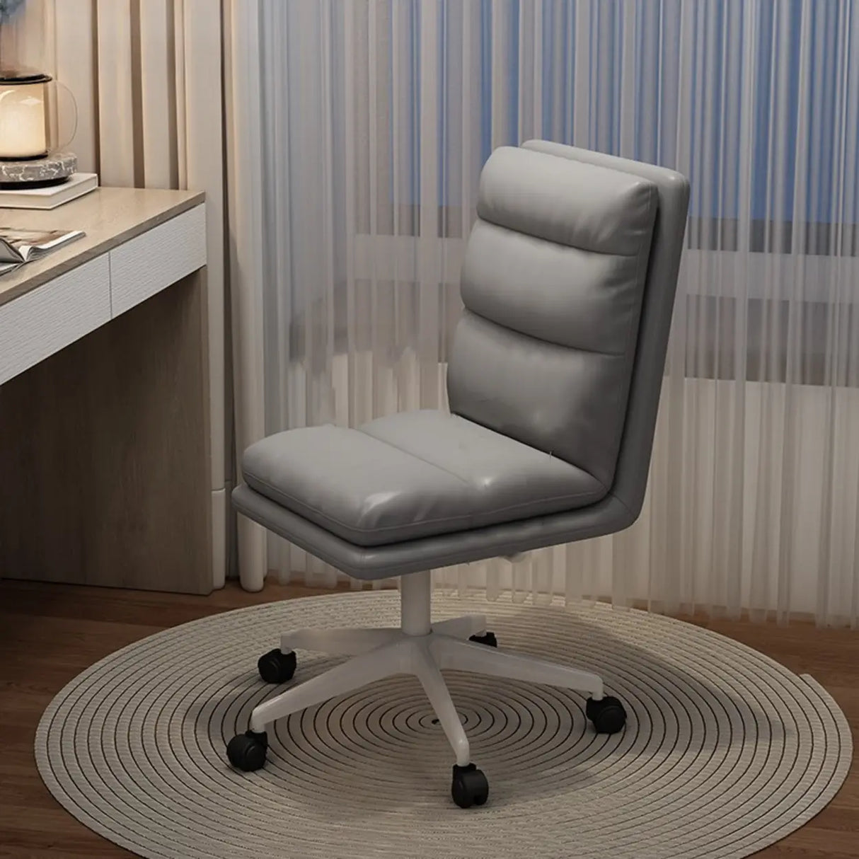 Off-White Swivel PU Adjustable Office Chair with Rollers Image - 13