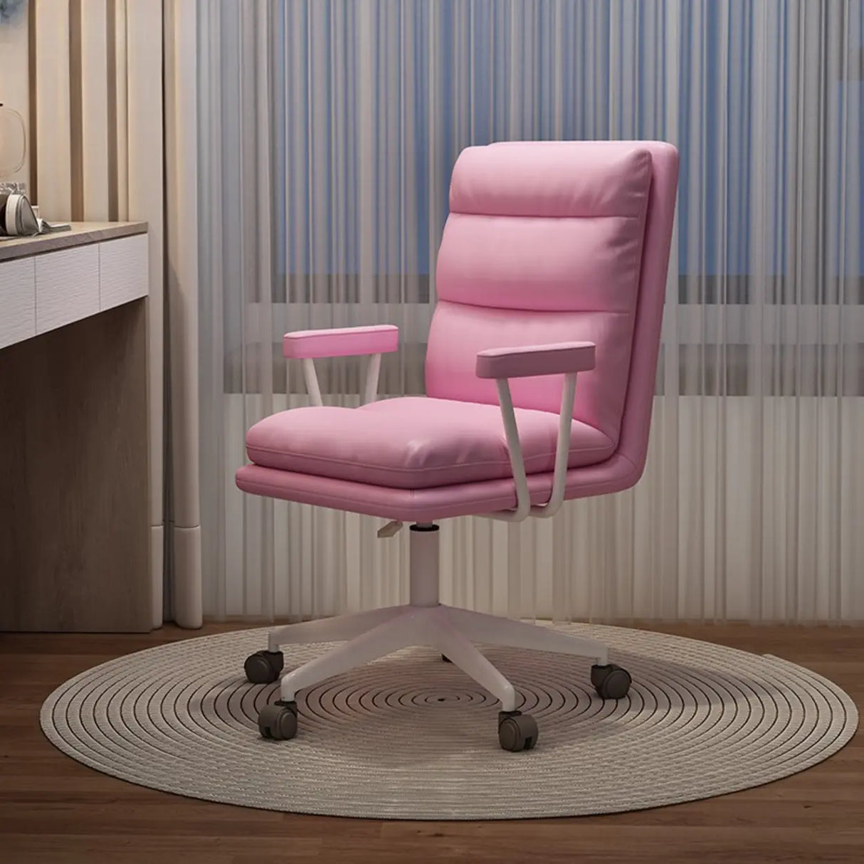 Off-White Swivel PU Adjustable Office Chair with Rollers Image - 16