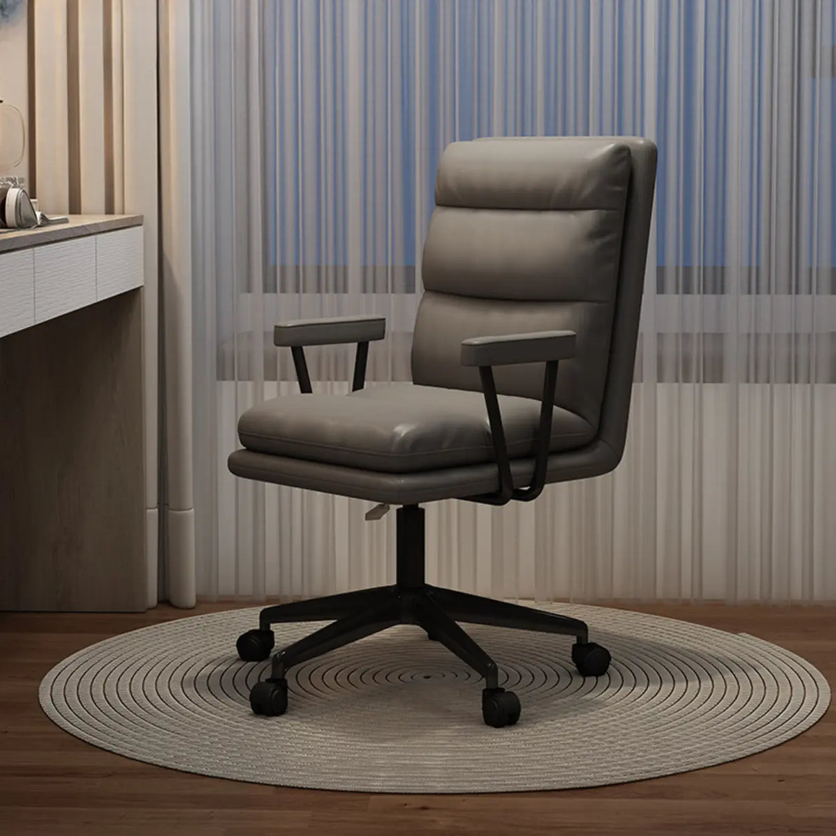 Off-White Swivel PU Adjustable Office Chair with Rollers Image - 18