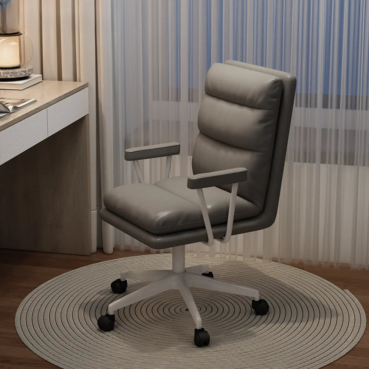 Off-White Swivel PU Adjustable Office Chair with Rollers Image - 19