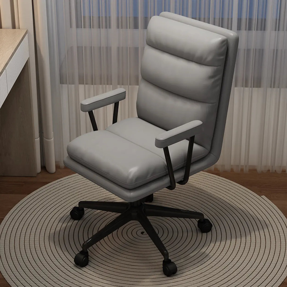 Off-White Swivel PU Adjustable Office Chair with Rollers Image - 2