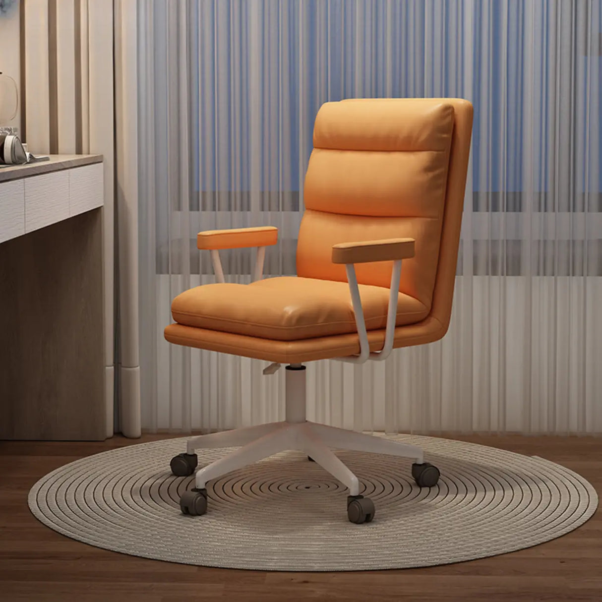 Off-White Swivel PU Adjustable Office Chair with Rollers Image - 20