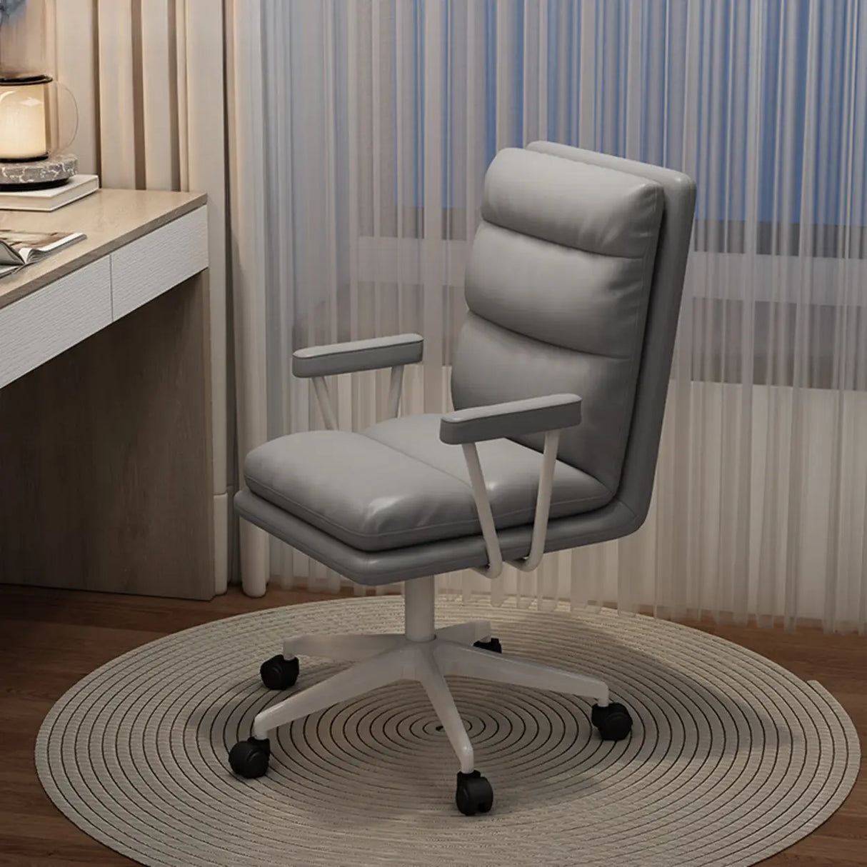 Off-White Swivel PU Adjustable Office Chair with Rollers Image - 24