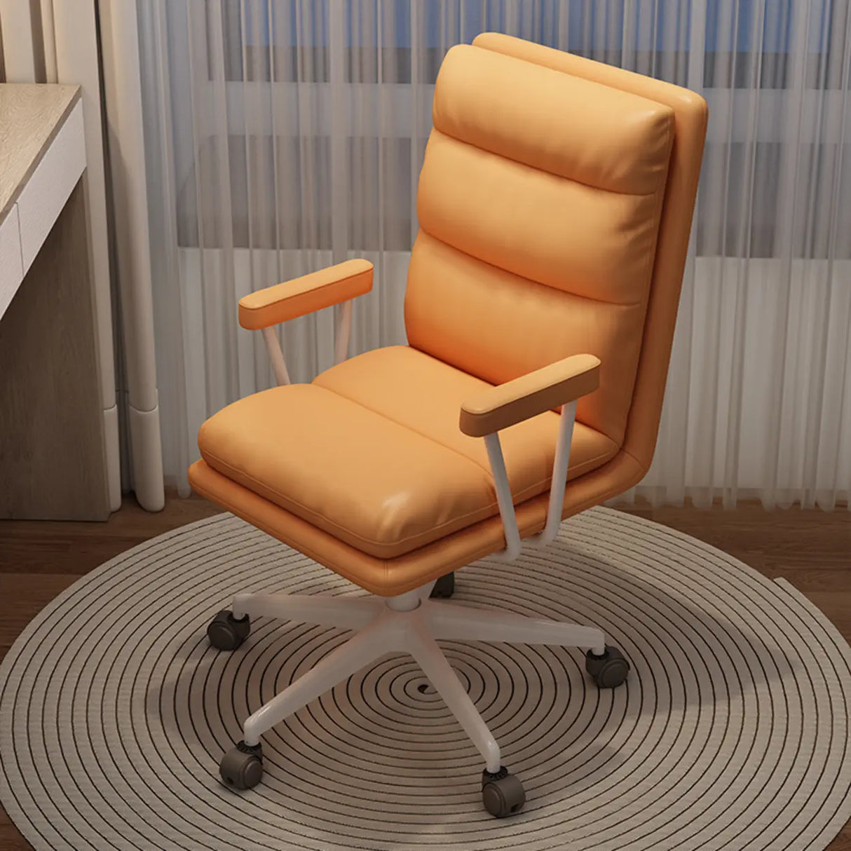 Off-White Swivel PU Adjustable Office Chair with Rollers Image - 3