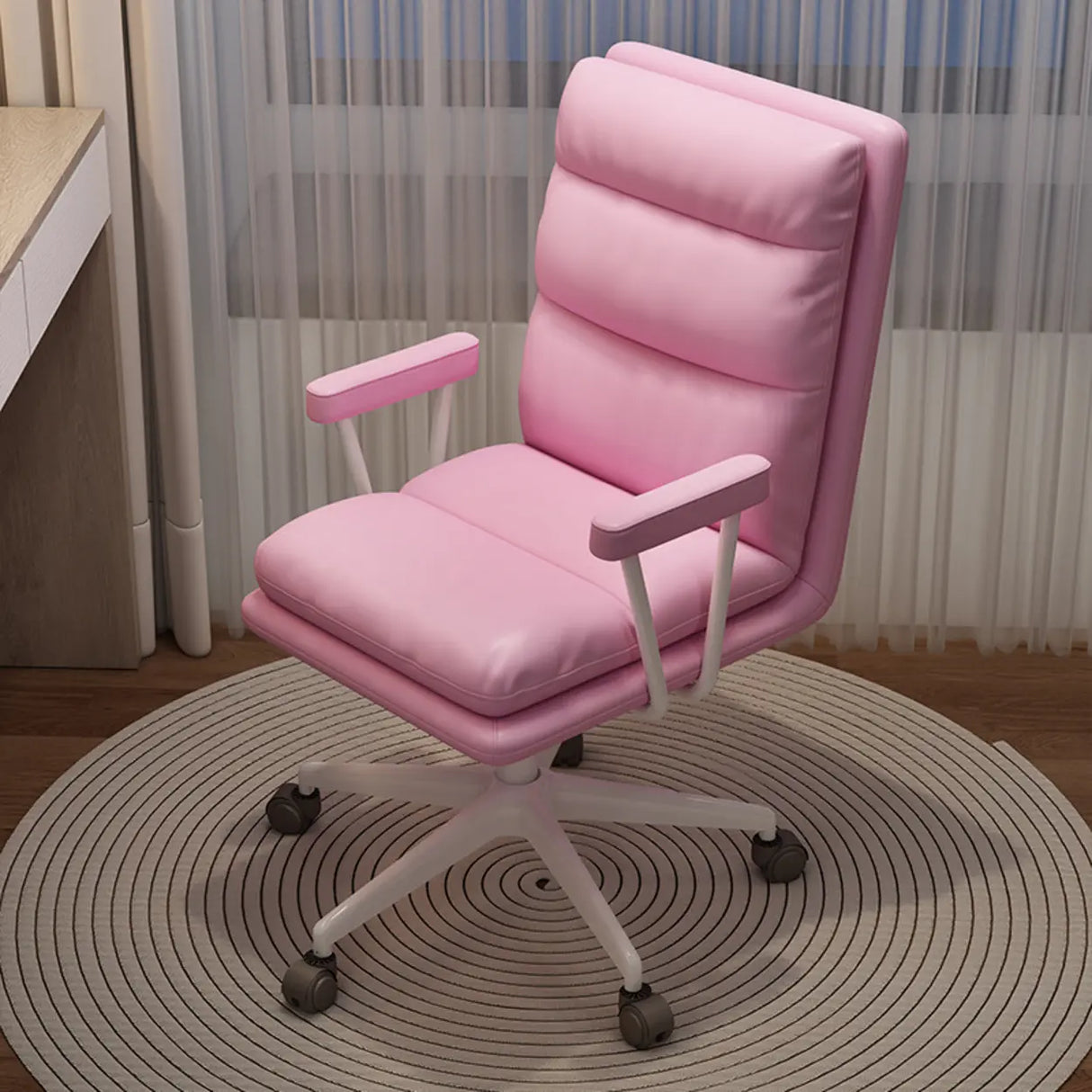 Off-White Swivel PU Adjustable Office Chair with Rollers Image - 4