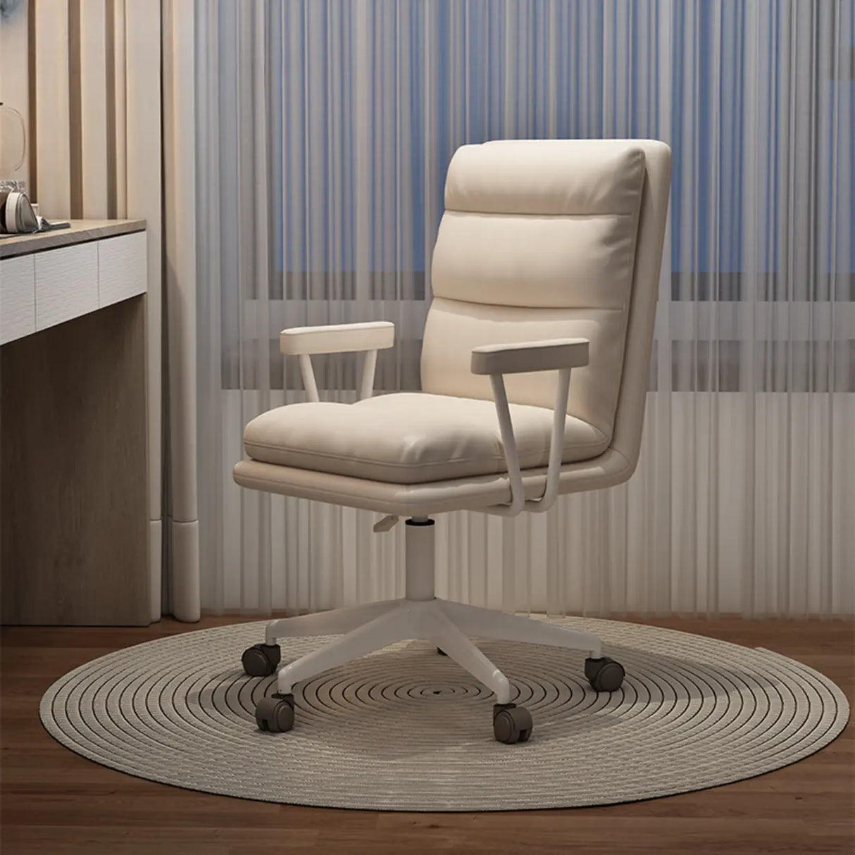 Off-White Swivel PU Adjustable Office Chair with Rollers Image - 5