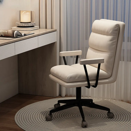 Off-White Swivel PU Adjustable Office Chair with Rollers Image - 6