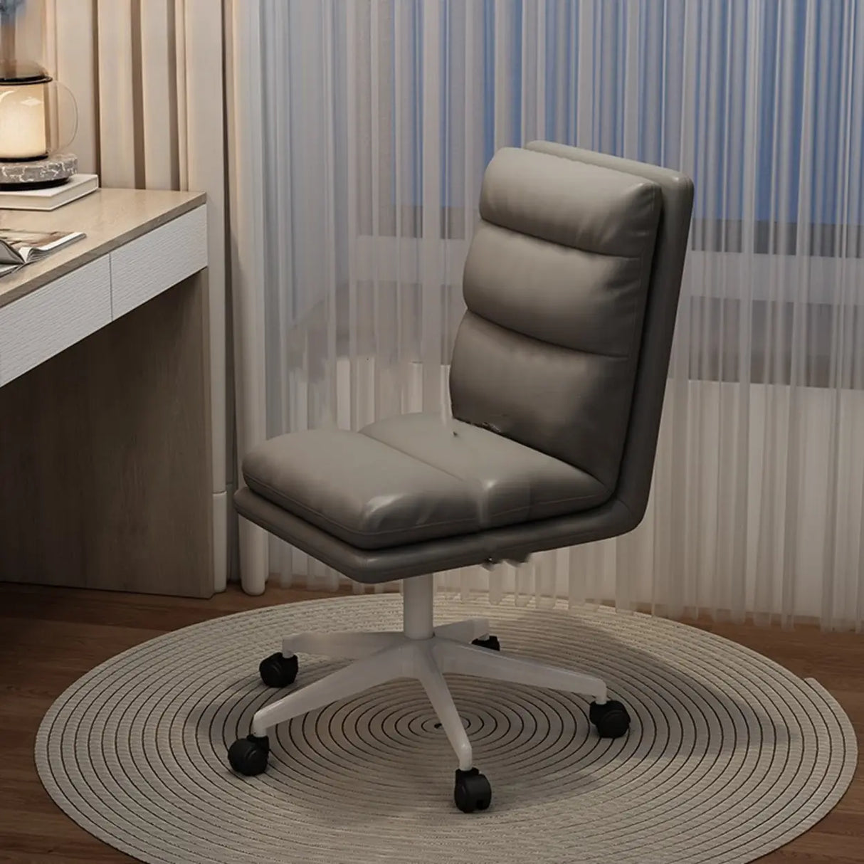 Off-White Swivel PU Adjustable Office Chair with Rollers Image - 7