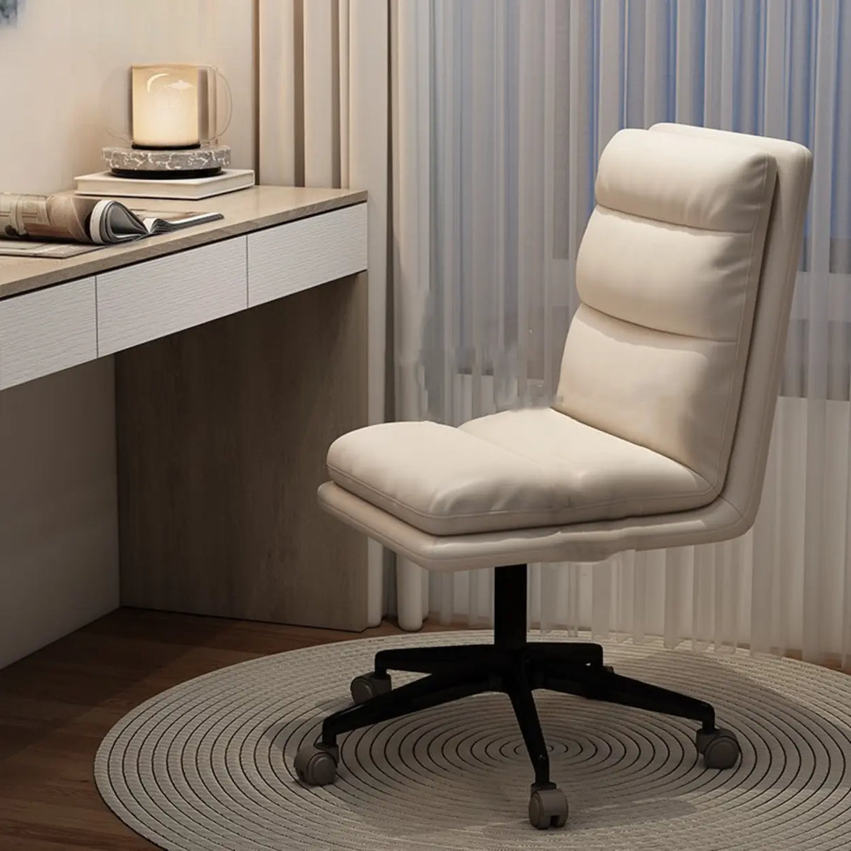 Off-White Swivel PU Adjustable Office Chair with Rollers Image - 8