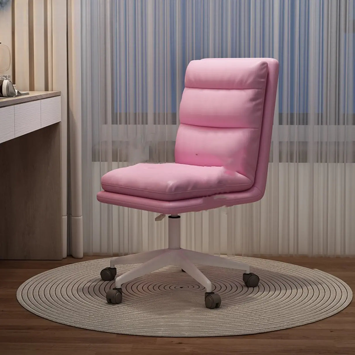 Off-White Swivel PU Adjustable Office Chair with Rollers Image - 9