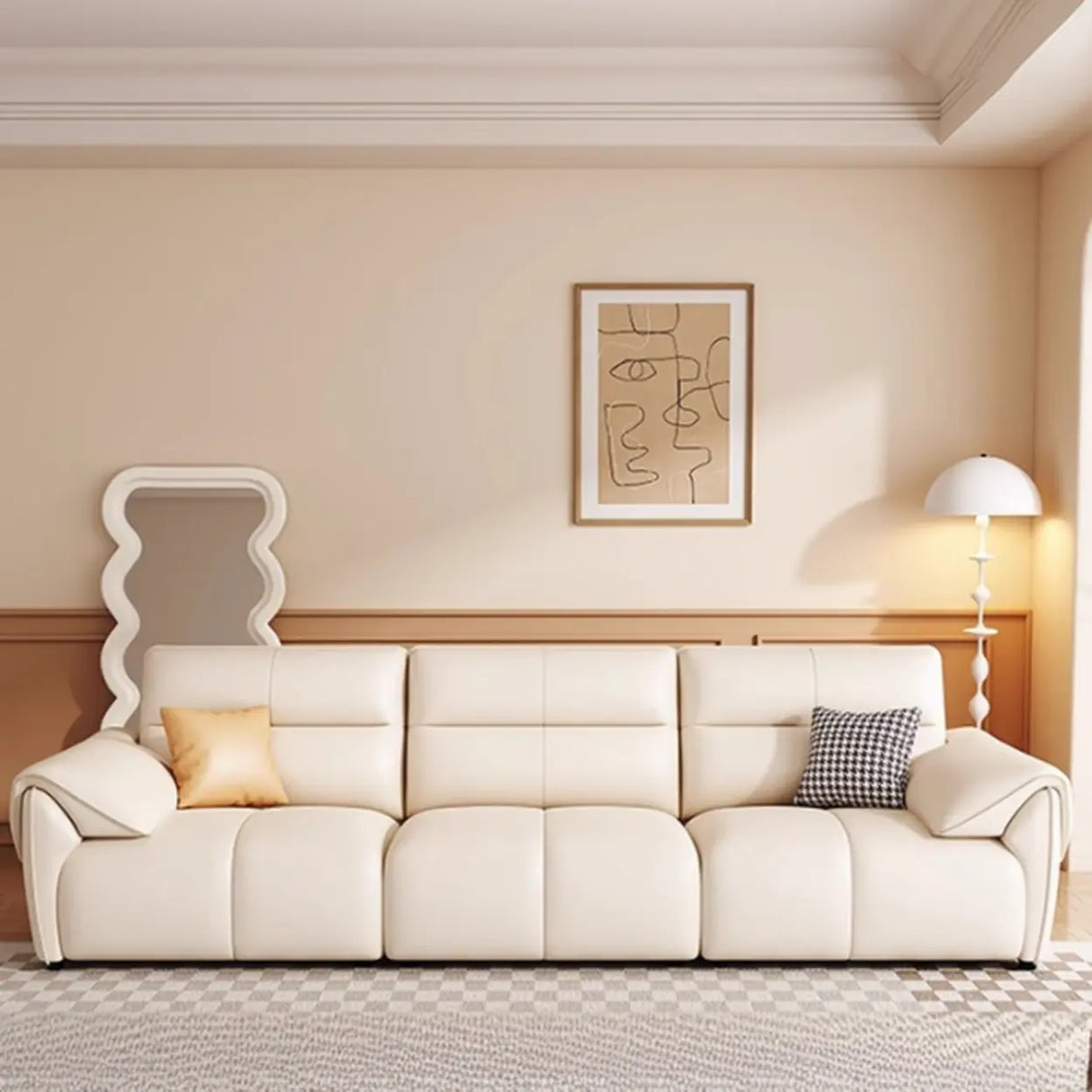 Off-White Tear Resistant Leather Biscuit Back Sofa Image - 1