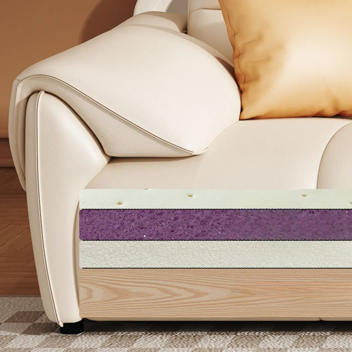 Off-White Tear Resistant Leather Biscuit Back Sofa Image - 4