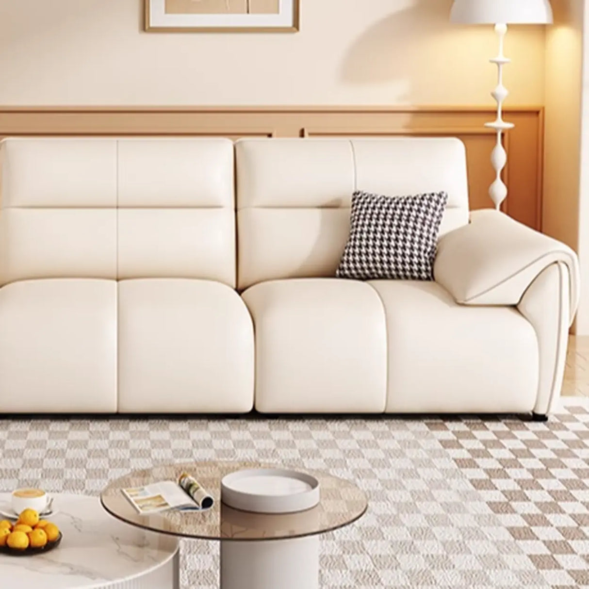 Off-White Tear Resistant Leather Biscuit Back Sofa Image - 5