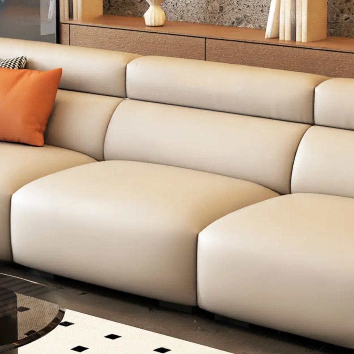 Off-White Tear Resistant Leather Sewn Pillow Back Sofa Image - 3