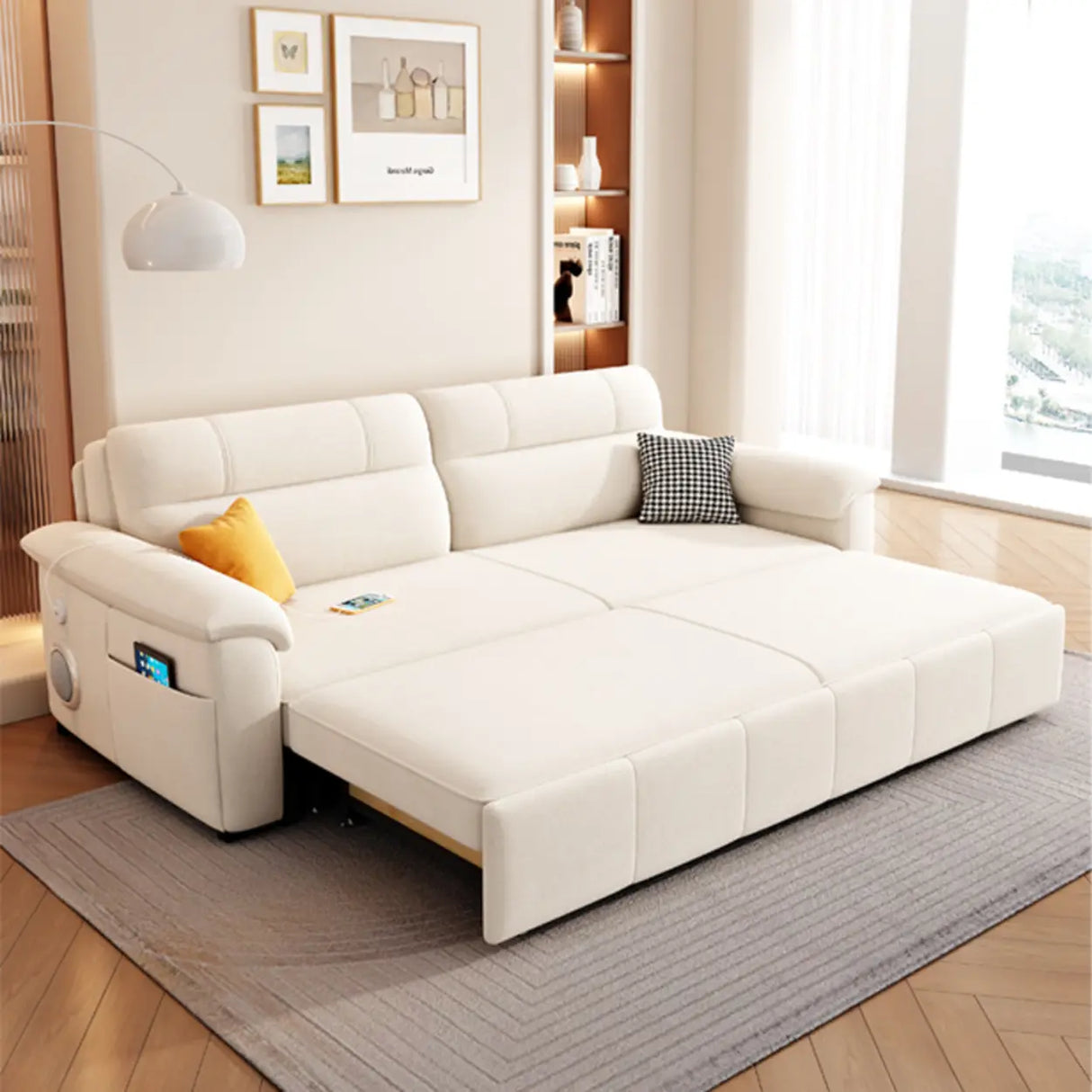 Off-White Tech Flannel Hidden Storage Sofa Bed Sleeper Image - 3