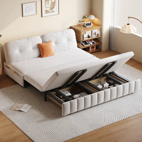 Off-White Tech Flannel Tufted Back Storage Sofa Bed Image - 2