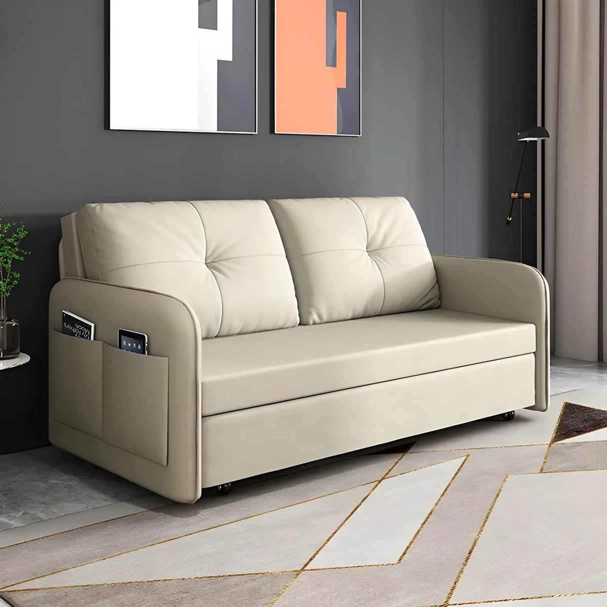 Off-White Tufted Back Faux Leather Storage Sofa Bed Image - 1