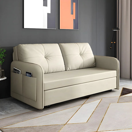 Off-White Tufted Back Faux Leather Storage Sofa Bed Image - 1