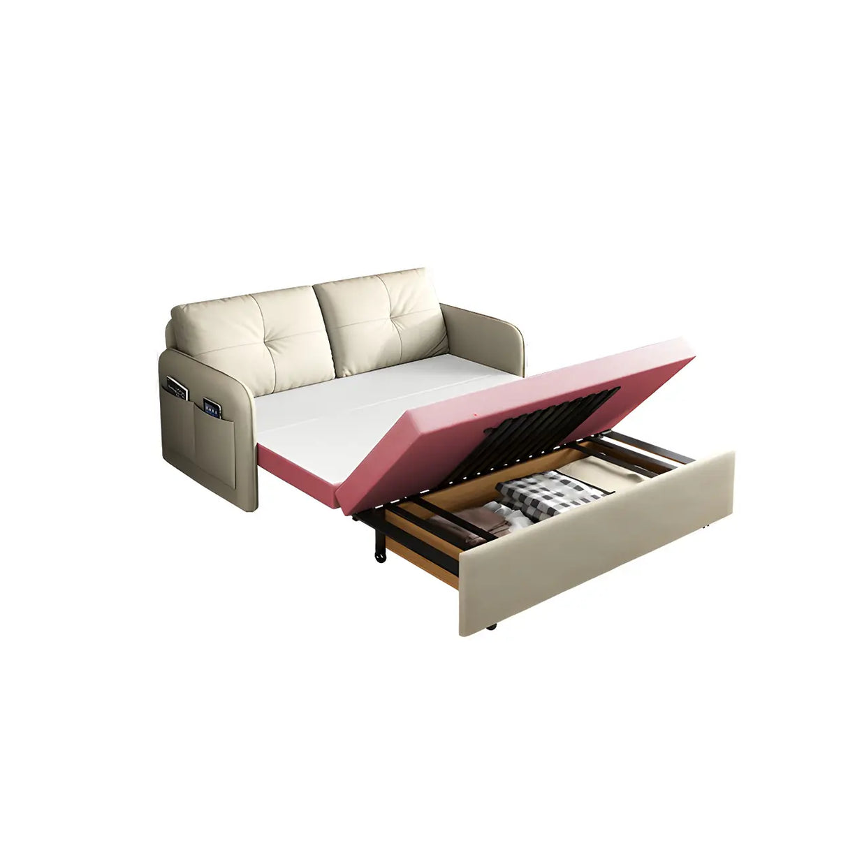 Off-White Tufted Back Faux Leather Storage Sofa Bed Image - 12