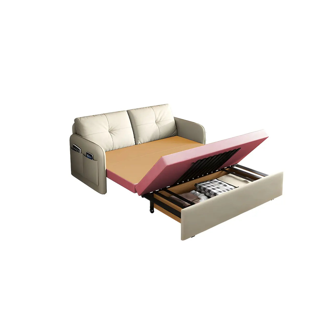 Off-White Tufted Back Faux Leather Storage Sofa Bed Image - 13