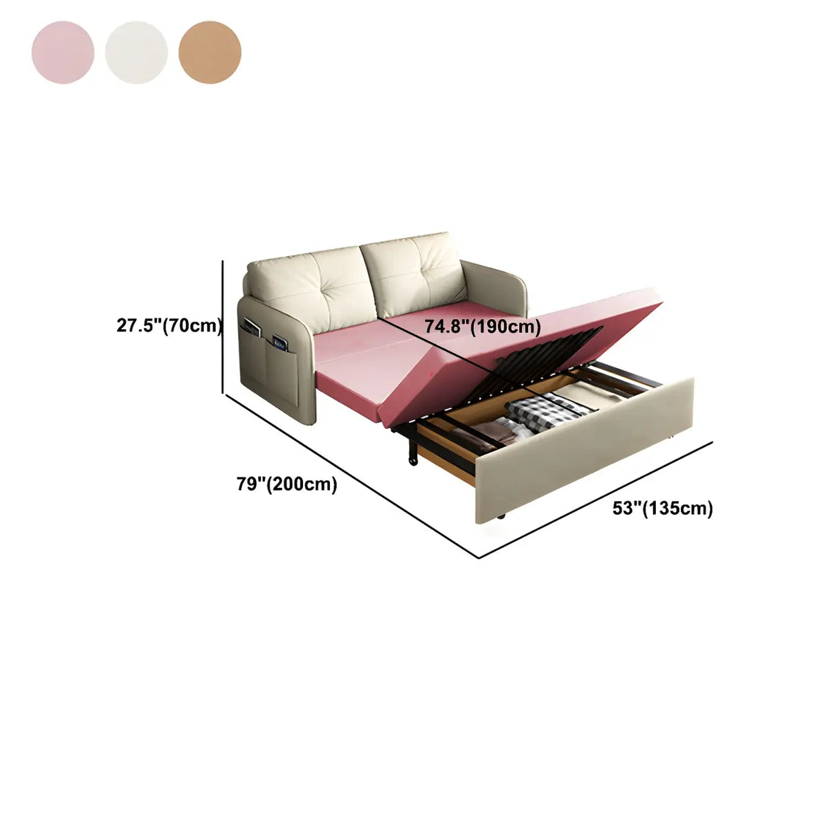 Off-White Tufted Back Faux Leather Storage Sofa Bed Image - 15