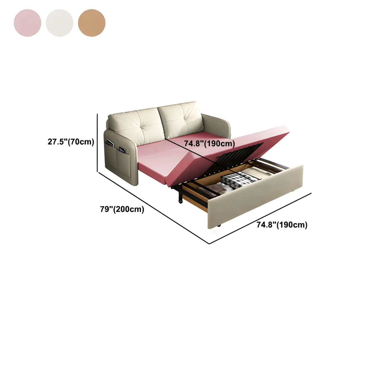 Off-White Tufted Back Faux Leather Storage Sofa Bed Image - 17