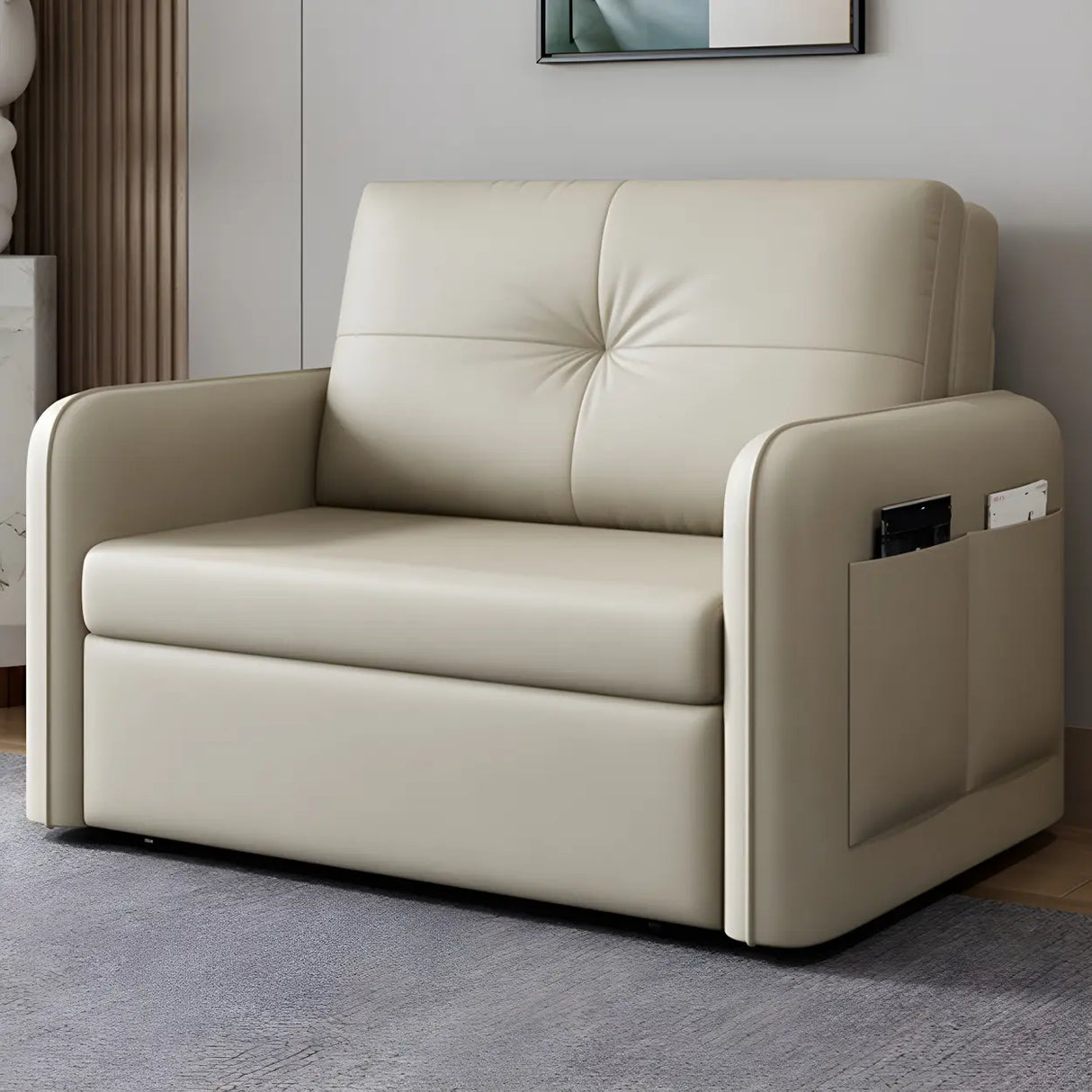 Off-White Tufted Back Faux Leather Storage Sofa Bed Image - 2