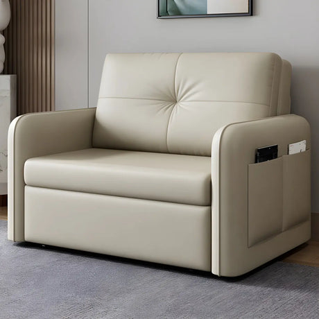 Off-White Tufted Back Faux Leather Storage Sofa Bed Image - 2