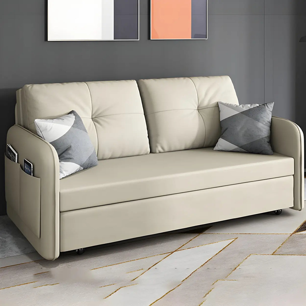 Off-White Tufted Back Faux Leather Storage Sofa Bed Image - 3