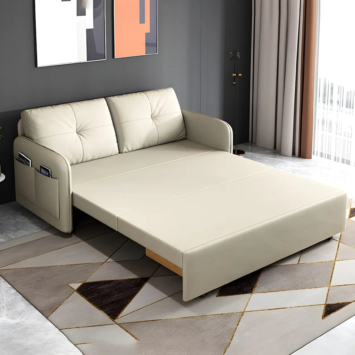 Off-White Tufted Back Faux Leather Storage Sofa Bed Image - 4