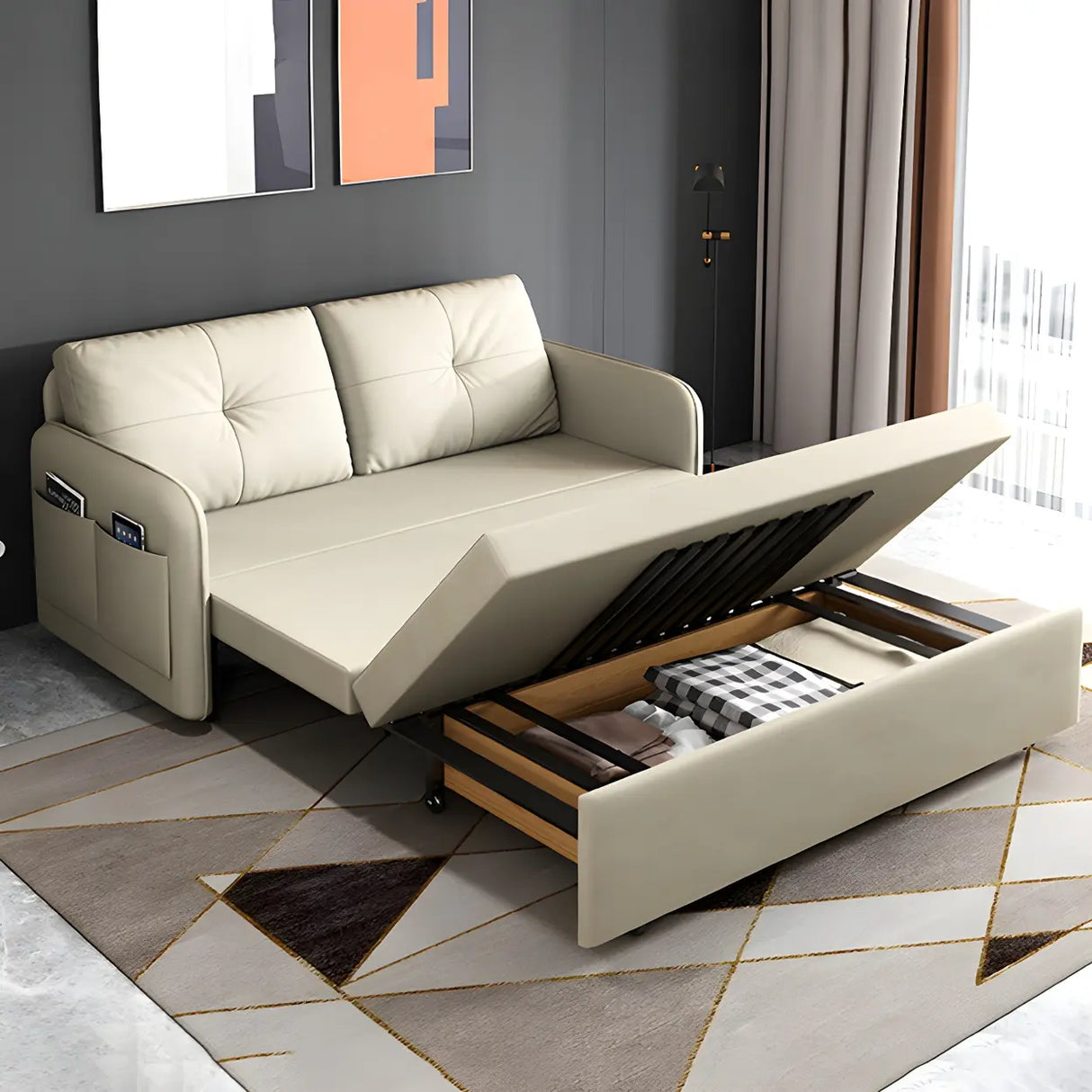Off-White Tufted Back Faux Leather Storage Sofa Bed Image - 6