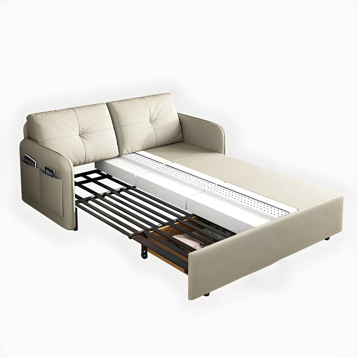 Off-White Tufted Back Faux Leather Storage Sofa Bed Image - 7