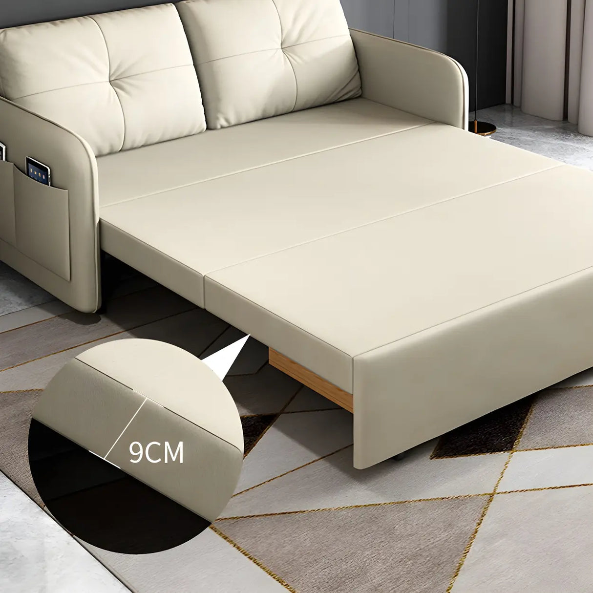 Off-White Tufted Back Faux Leather Storage Sofa Bed Image - 8