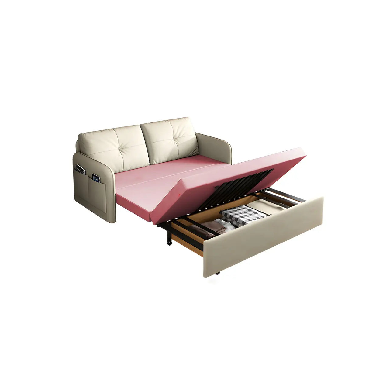 Off-White Tufted Back Faux Leather Storage Sofa Bed Image - 9