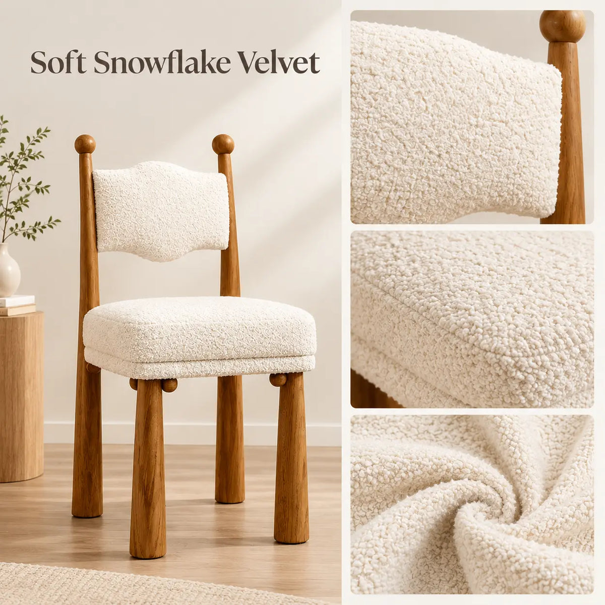 Off-White Upholstered Round Back Wood Dining Chair Image - 3