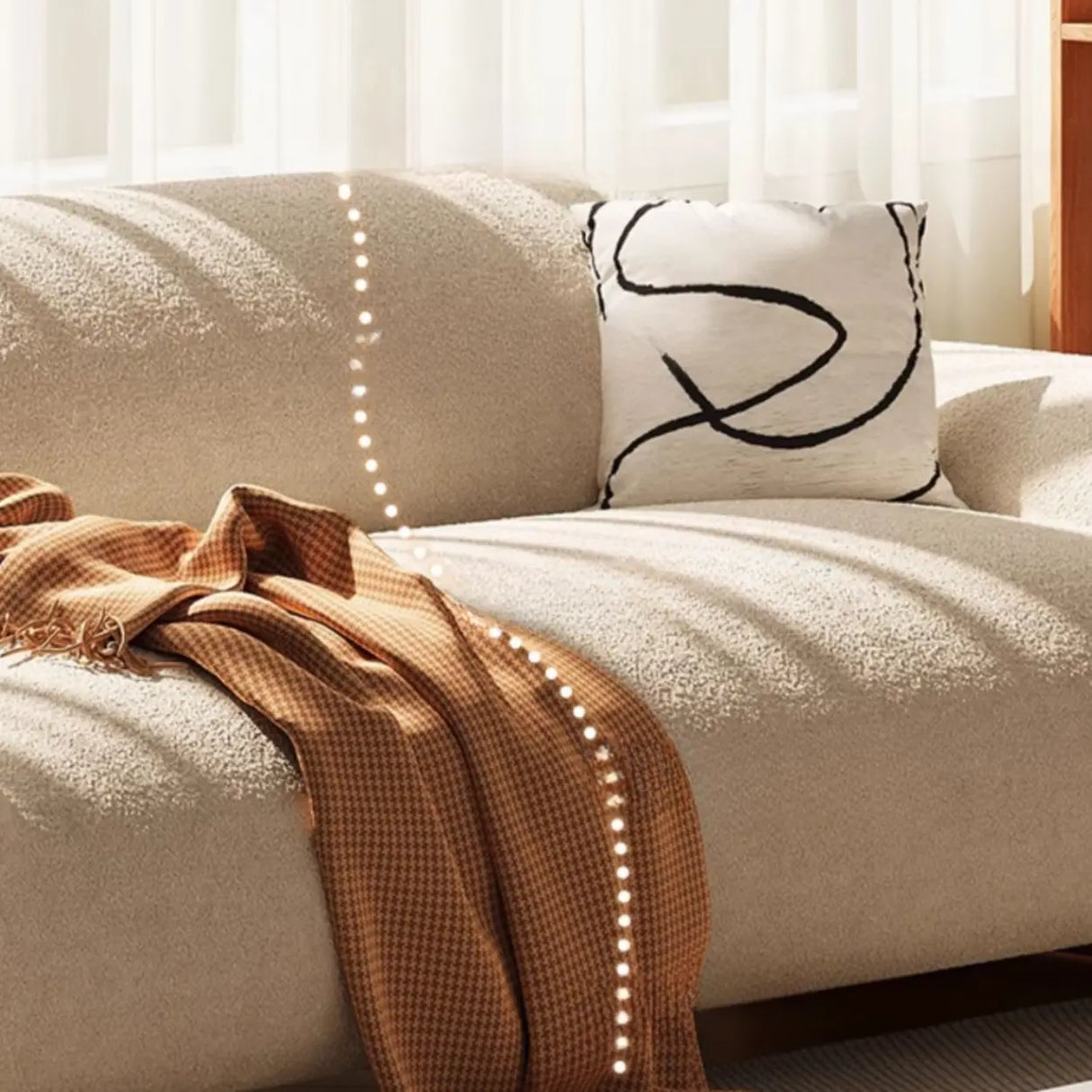Off-White Water Resistant Sherpa Fabric Pillow Sofa Image - 11