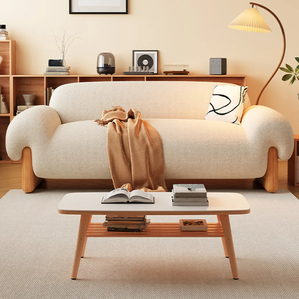 Off-White Water Resistant Sherpa Fabric Pillow Sofa Image - 5