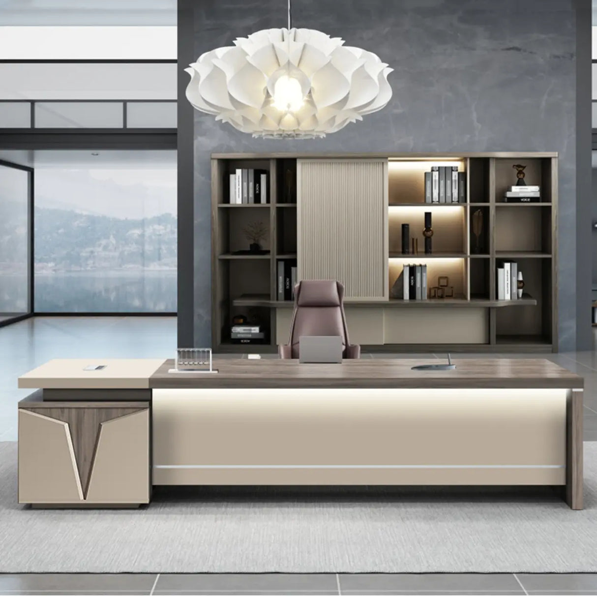 Office Brown Finish Wood L-Shaped Executive Desk Image - 5