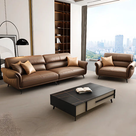 Office Brown Full Grain Cow Leather Reception Sofa Set Image - 1