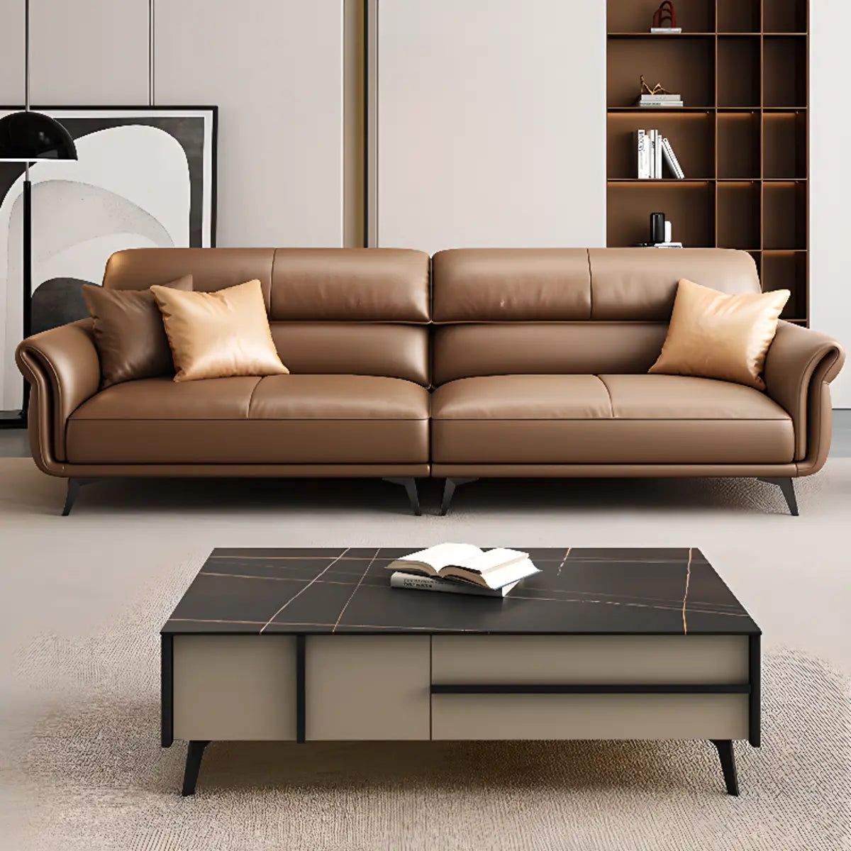 Office Brown Full Grain Cow Leather Reception Sofa Set Image - 4