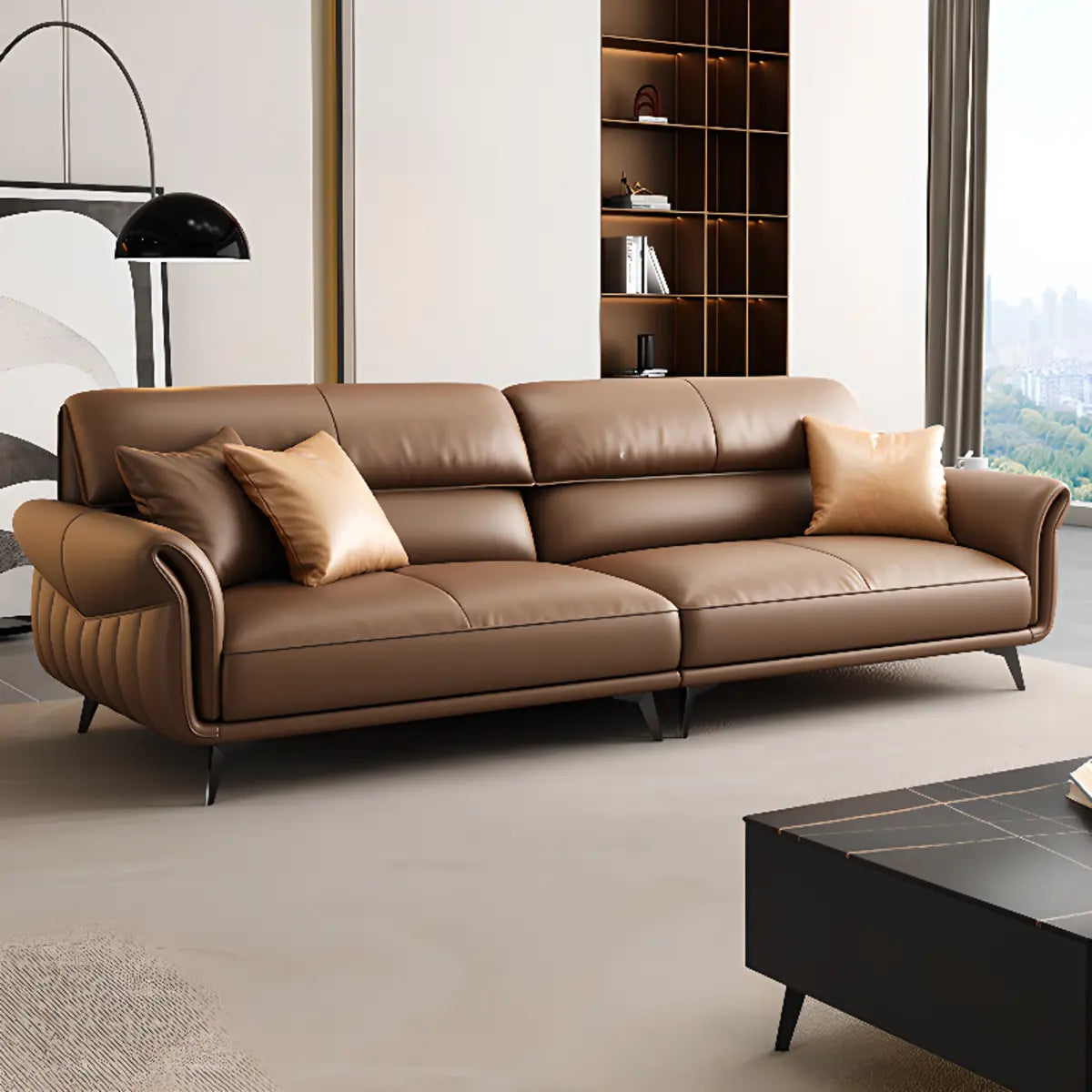 Office Brown Full Grain Cow Leather Reception Sofa Set Image - 6