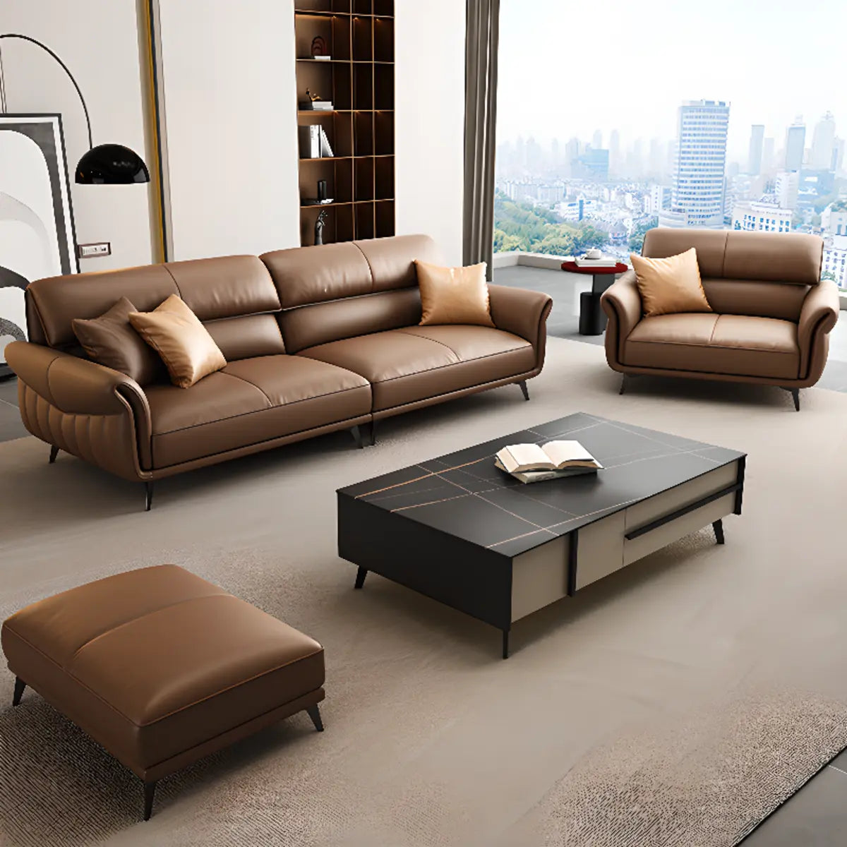 Office Brown Full Grain Cow Leather Reception Sofa Set Image - 8