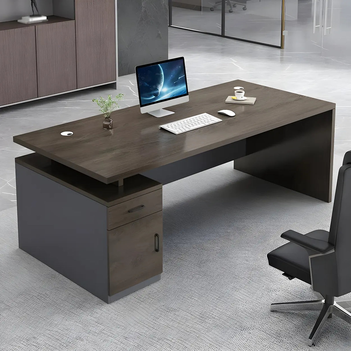 Office Wooden Executive Desk with Cabinet and Drawers Image - 3