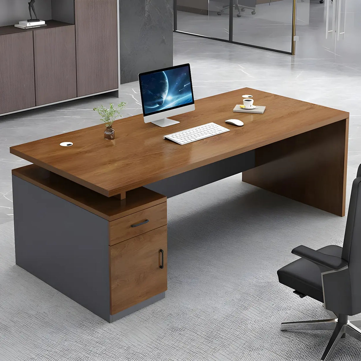 Office Wooden Executive Desk with Cabinet and Drawers Image - 4