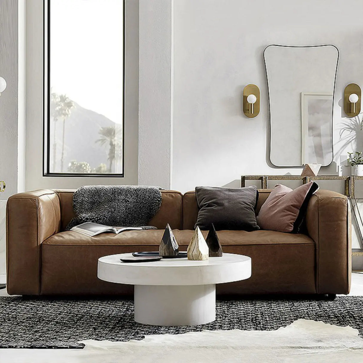 Oiled Leather Square Arm Cushion Back Foam Fill Sofa Image - 1