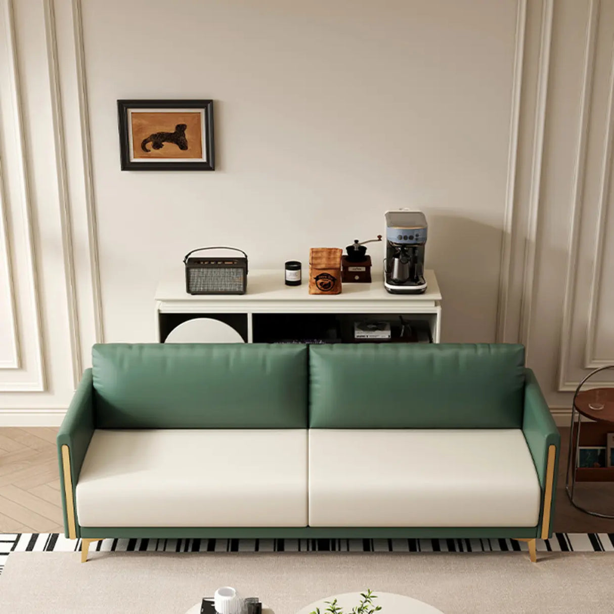 Olive Green-Beige Water Resistant Leather Loveseat Image - 1