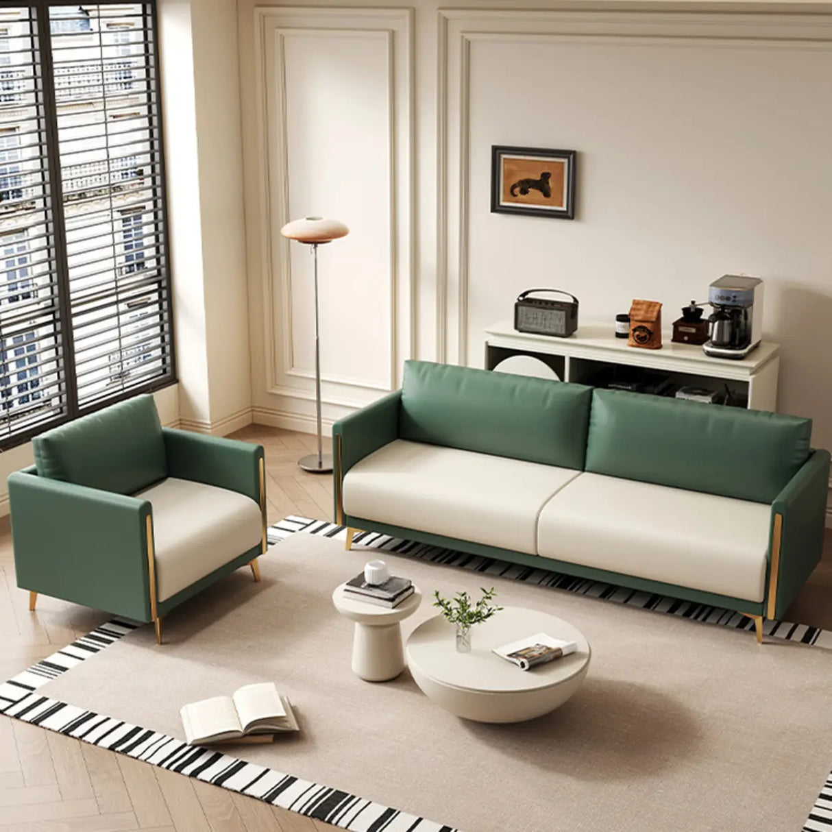 Olive Green-Beige Water Resistant Leather Loveseat Image - 7